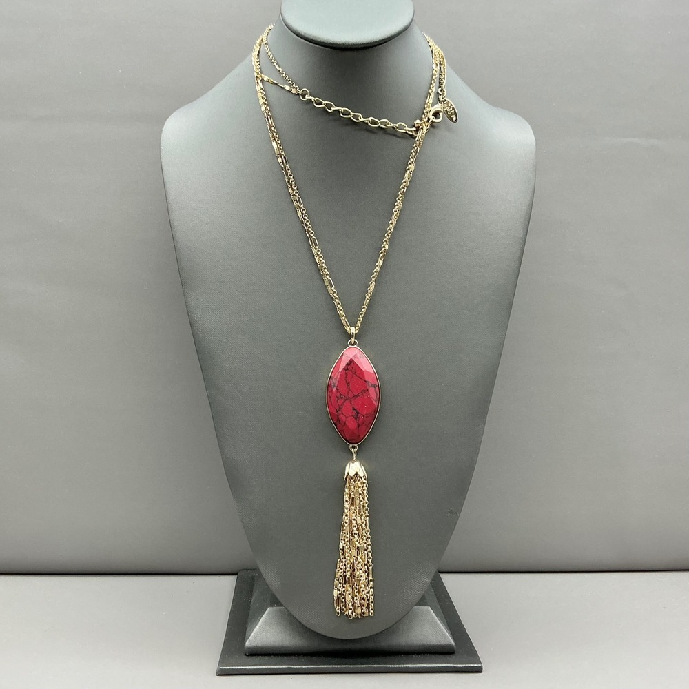 Style & Co Necklace Red Gold Tone Faux Stone Tassel Multi Strand Long Chain